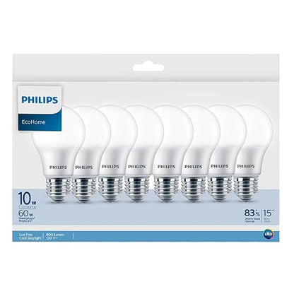 Philips LED EcoHome Paquete de 8 Focos 10W Luz Fría, Ahorro de Energía, Iluminación Potente para el Hogar, Encendido Instantáneo, Larga Duración, Uso Diario en Diferentes Espacios