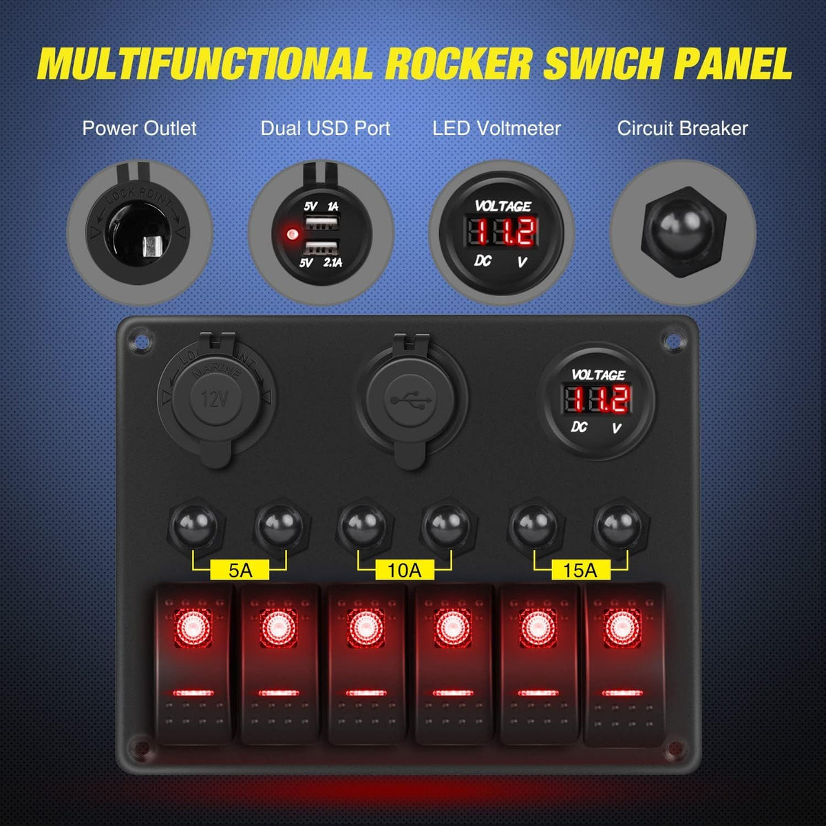 Nilight 6 Gang ON Off Rocker Switch Panel Red Backlit 12V 24V LED Digital Voltmeter 3.1A Dual USB Charger Cigarette Lighter Socket Overload Protection for Cars RVs Boats (90122F)