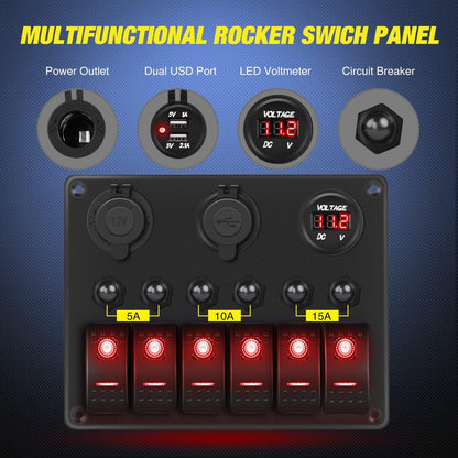 Nilight 6 Gang ON Off Rocker Switch Panel Red Backlit 12V 24V LED Digital Voltmeter 3.1A Dual USB Charger Cigarette Lighter Socket Overload Protection for Cars RVs Boats (90122F)