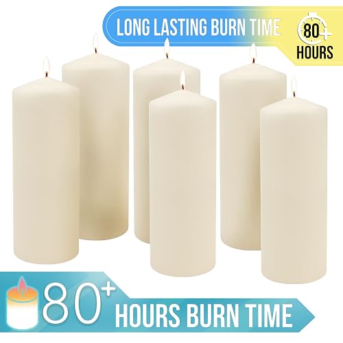 Stonebriar 6 Pack Tall 3 x 8 Inch 80 Hour Long Burning Unscented Ivory Wax Pillar Candles