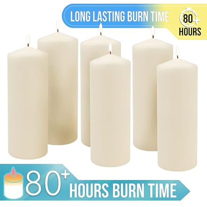 Stonebriar 6 Pack Tall 3 x 8 Inch 80 Hour Long Burning Unscented Ivory Wax Pillar Candles