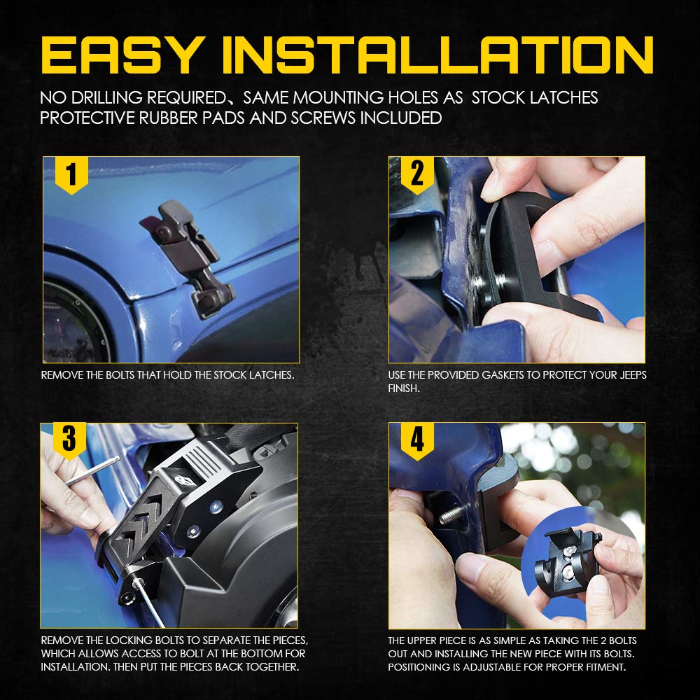 Xprite - Kit de pestillos de aluminio compatible con Jeep Wrangler JK JKU 2007-2018 2018 2019 2020 Jeep Wrangler JL JLU - Pares
