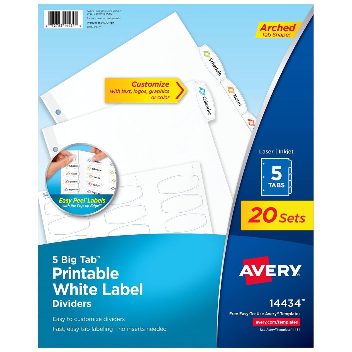 Avery Big Tab - Separadores de etiquetas blancas imprimibles con Easy Peel, 5 pestañas, 20 juegos (14434)