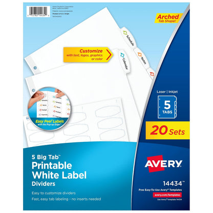 Avery Big Tab - Separadores de etiquetas blancas imprimibles con Easy Peel, 5 pestañas, 20 juegos (14434)