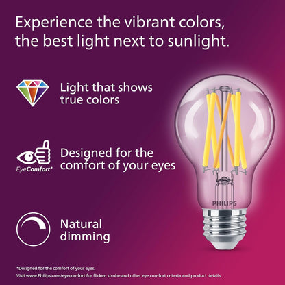 Philips foco LED A19 sin parpadeo transparente regulable, tecnología EyeComfort, 800 lúmenes, blanco suave (2700 K), 8 W = 60 W, base E26, certificado por título 20, ultra definición, interior,