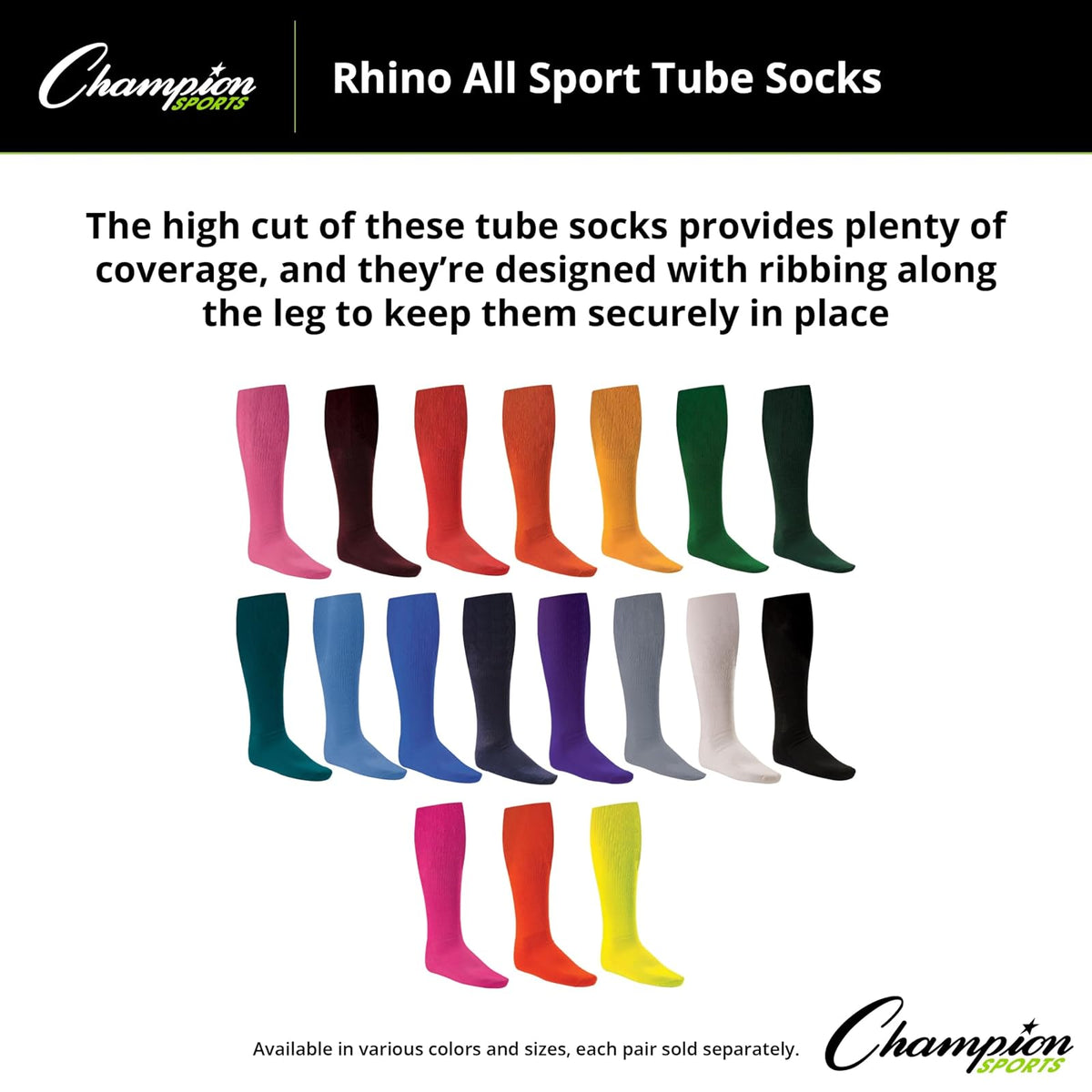 Champion Sports Rhino - Calcetines deportivos para todos los deportes, varios tamaños y colores