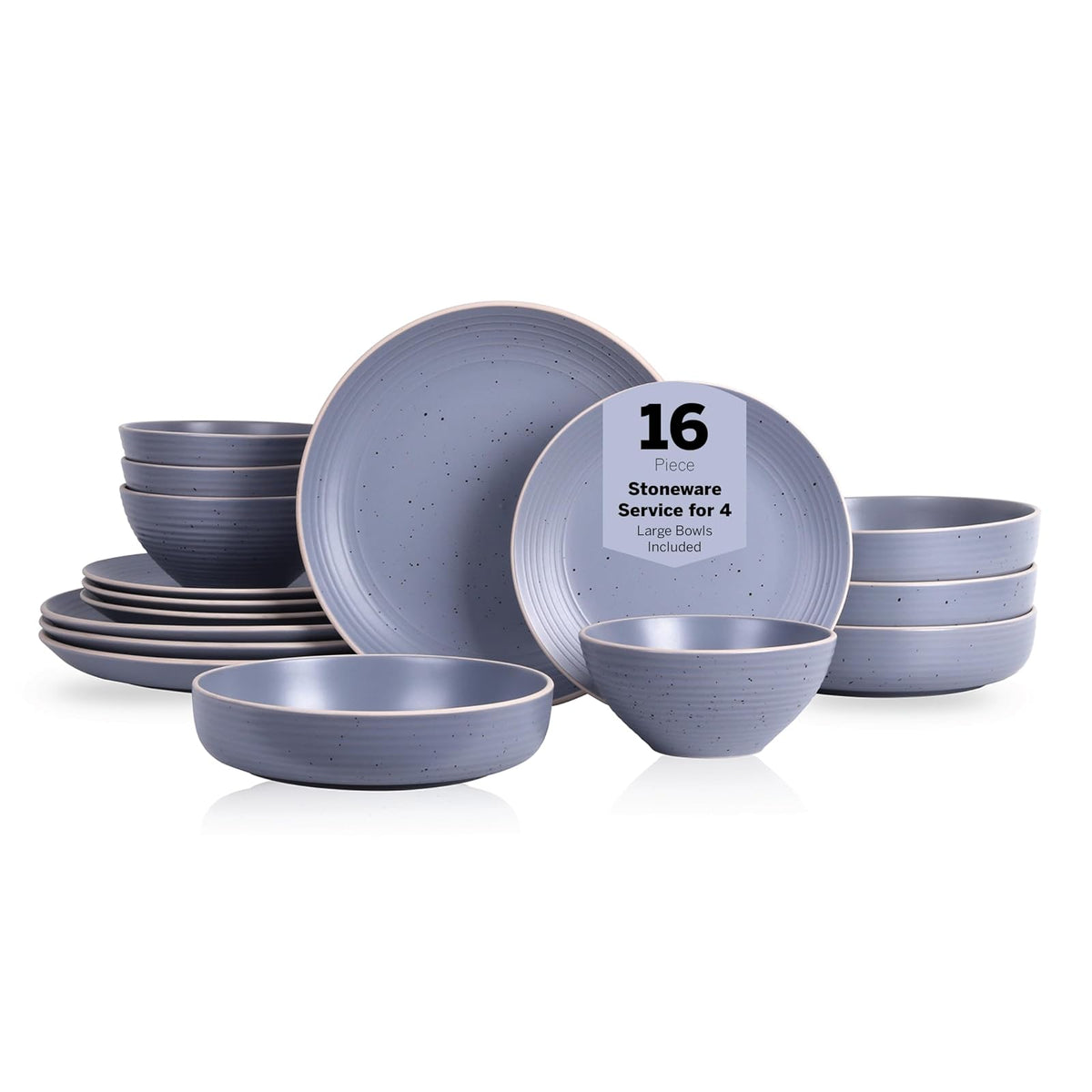 Stone Lain Lauren - Juego de platos y cuencos rústicos, vajilla, servicio para 4, gris claro moteado, apto para lavaplatos y microondas, 16 piezas