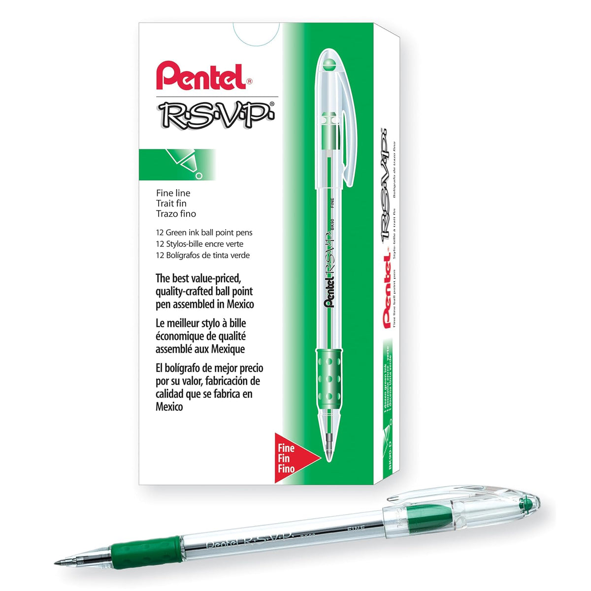 Pentel R.S.V.P. Bolígrafo, Punta Fina y Media, Caja con 12 Piezas - Caja de 12 - Punta fina 0,7 mm - Green