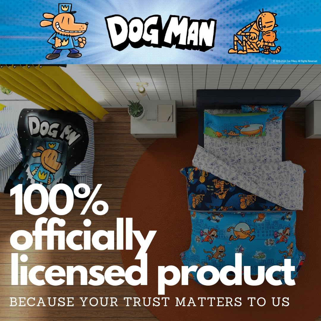 Franco Dog Man Supa Book - Juego de Ropa de Cama para niños, súper Suave y acogedora, edredón y sábanas de Microfibra Reversible con Funda, 5 Piezas tamaño Individual, (Producto con Licencia Oficial)