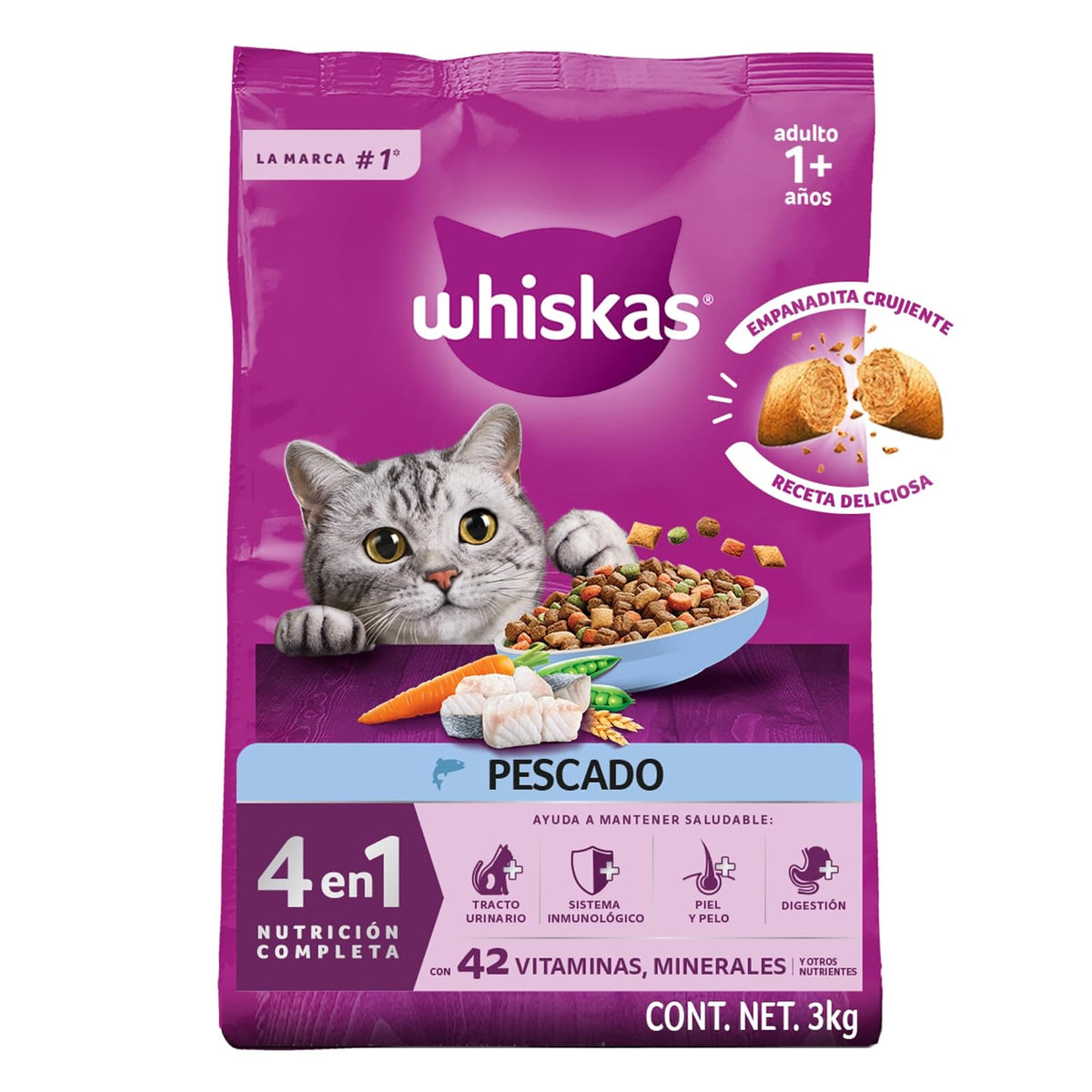 Whiskas Alimento Seco para Gatos Adultos 4 en 1, 100% Nutrición Completa y – Sabor Pescado 3kg