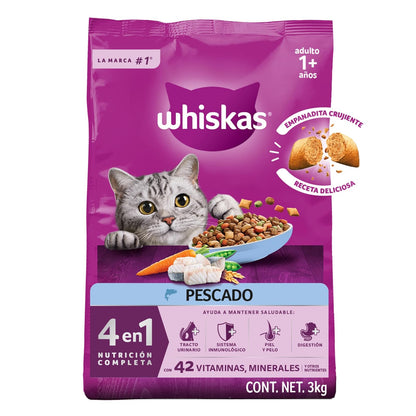 Whiskas Alimento Seco para Gatos Adultos 4 en 1, 100% Nutrición Completa y – Sabor Pescado 3kg
