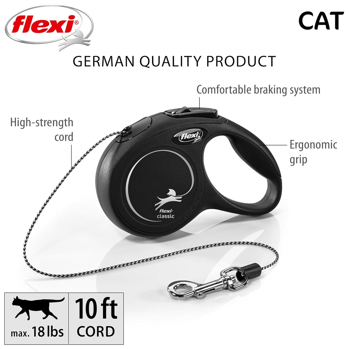 FLEXI - Correa retráctil para Gatos con Cable clásico, Talla XS – 10 pies, Color Negro, Correa para Caminar para Mascotas sin enredos con Freno con una Sola Mano, Pausa, Bloqueo, Producto de Calidad