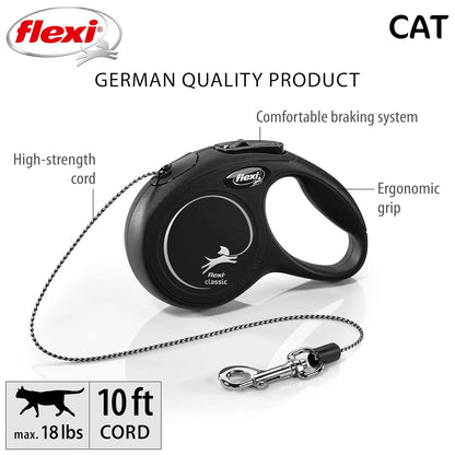 FLEXI - Correa retráctil para Gatos con Cable clásico, Talla XS – 10 pies, Color Negro, Correa para Caminar para Mascotas sin enredos con Freno con una Sola Mano, Pausa, Bloqueo, Producto de Calidad