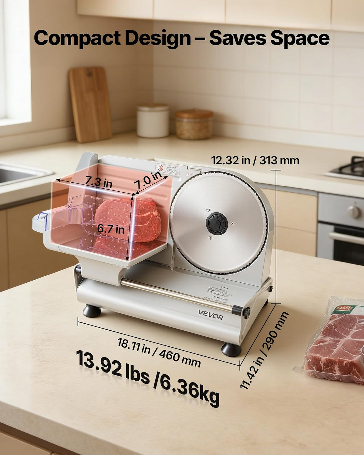 VEVOR Cortadora de carne, 8.6" eléctrica, con 2 cuchillas SUS420 y grosor ajustable de 0 a 0.6", doble bloqueo de seguridad, 200 W, para el hogar, ideal para carne congelada, jamón,baguettes y filetes