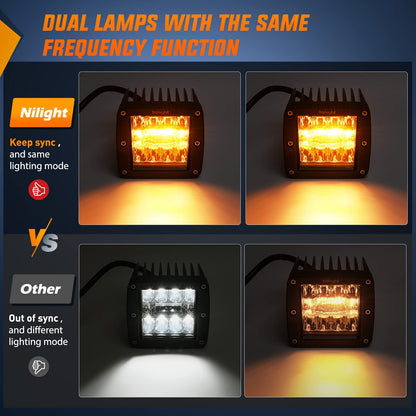 Nilight - 2 Barras de luz de 42 W de 3 Pulgadas, cúbico, luz estroboscópica, Color ámbar Blanco, 6 Modos, función de Memoria, Ideal para Condiciones de Niebla y Nieve, Todoterreno, camión, cuatrimoto