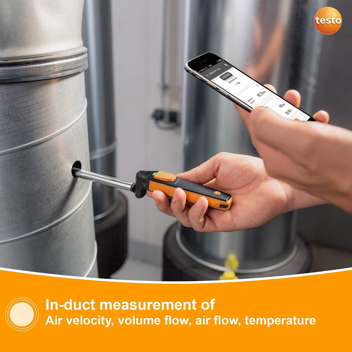 testo 405i Anemómetro de cable caliente I Sonda inteligente inalámbrica para velocidad del aire, flujo de aire y temperatura en el conducto