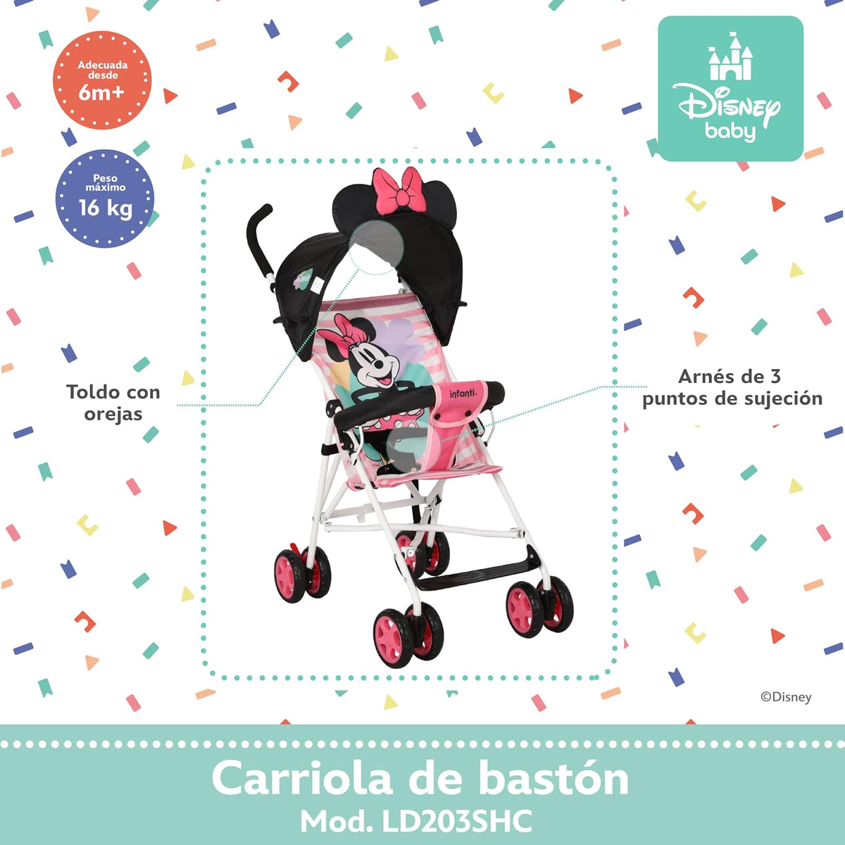 INFANTI | Carriola de Bastón Disney | Edición Minnie | Diseño Ligero y Compacto | Plegado Fácil y Correa de Transporte | Para Bebés de 6 Meses a 16 kg | Arnés de 3 Puntos | Color Rosa