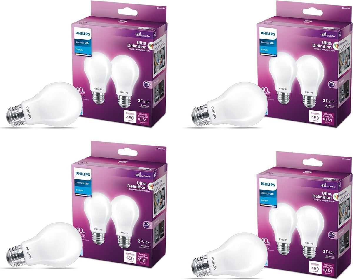 Philips LED 40W A19 Paquete de 8 bombillas de luz diurna ultra definida (5000K) 450 lúmenes (5W = 40W) regulables sin parpadeo esmerilado