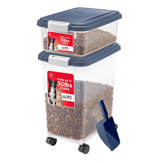 IRIS USA Contenedor de Comida para Perros, 30+11 lb, Gris/Gris Oscuro | Hecho en USA, incluye cuchara de 2 tazas y ruedas, sello hermético, libre de BPA, semillas, comida, arena, premios y juguetes