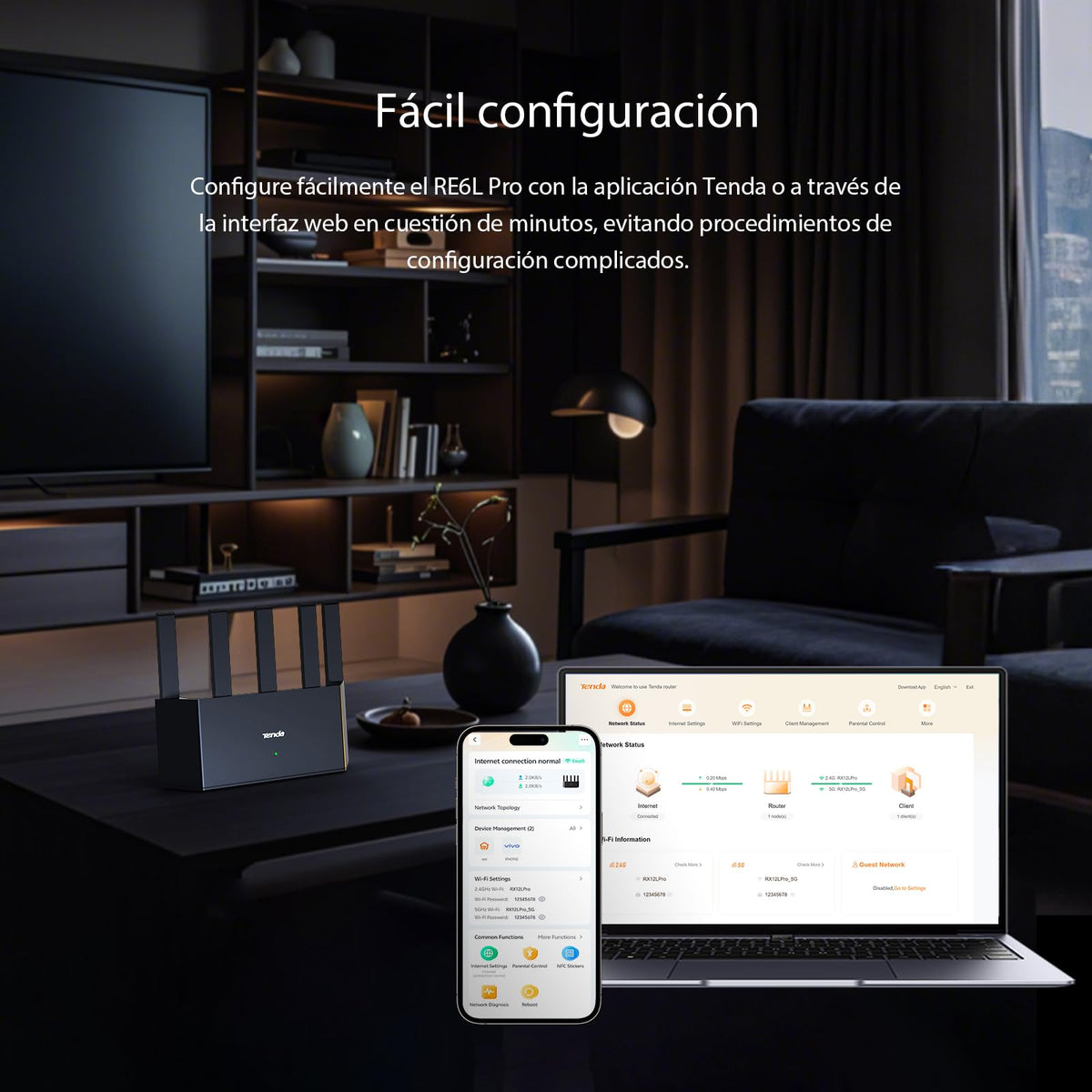 Tenda Router RE6L Pro WiFi 7 BE5100, Velocidad hasta 5011 Mbps, Dual-Band, 1 Puerto 2.5G + 3 Puertos 1G, 5 Antenas, NFC, Control Parental, VPN, Compatible con Proveedores de Internet