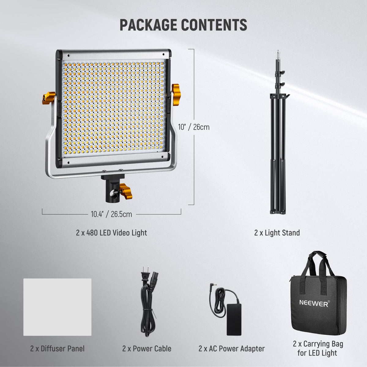 NEEWER Kit 2 Luces LED de Video 480 Bi Color Regulables, 3200K-5600K | CRI96+, Panel LED con Soporte u, Trípode 75", para YouTube, Grabación, Estudio, Fotografía, Streaming y Luz Principal
