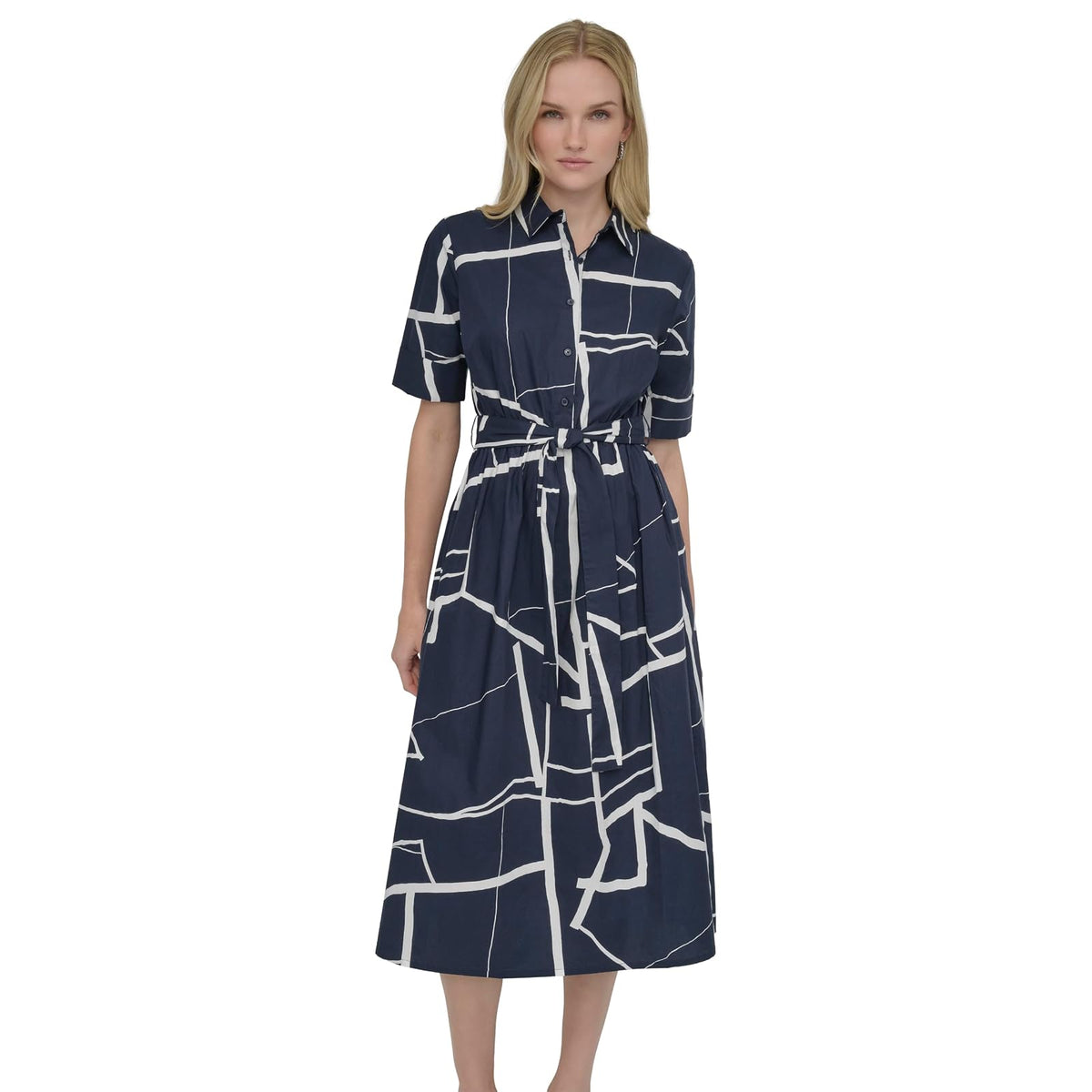 DKNY Vestido Camisero de Manga Larga a Rayas para Mujer - 10 - Azul marino - crema