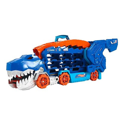 Hot Wheels Pista City Súper Remolque T-Rex con Luces y 2 Autos Incluidos para Niños de 4 Años