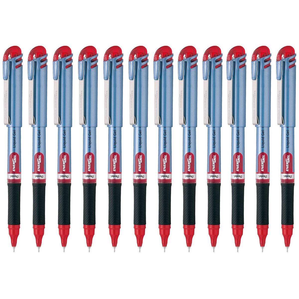Pentel EnerGel Bolígrafo de Gel Líquido, Punta de Aguja, 0.5 mm, Cuerpo Azul Claro, Tinta Roja, Caja con 12 Piezas, BLN15-B