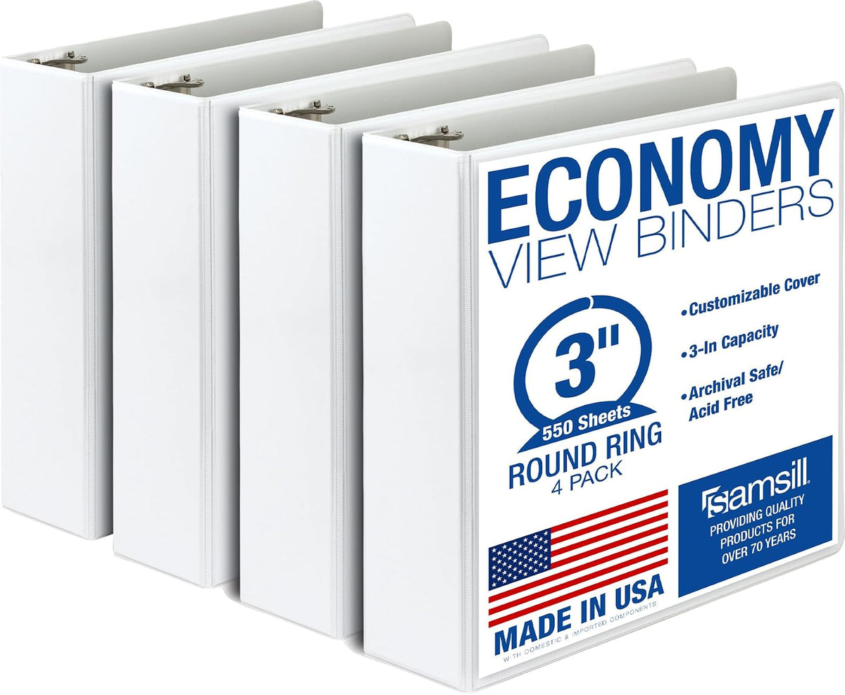 Samsill Carpeta de 3 anillas de 1.5 pulgadas, fabricada en Estados Unidos, anillo redondo económico, cubierta de visión transparente, capacidad de 325 hojas, para escuela, hogar, oficina, negro, - Blanco - 4 paquetes - 3 pulgadas
