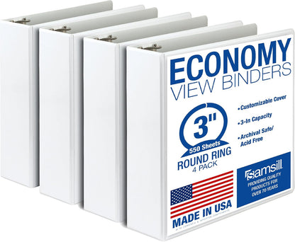 Samsill Carpeta de 3 anillas de 1.5 pulgadas, fabricada en Estados Unidos, anillo redondo económico, cubierta de visión transparente, capacidad de 325 hojas, para escuela, hogar, oficina, negro, - Blanco - 4 paquetes - 3 pulgadas