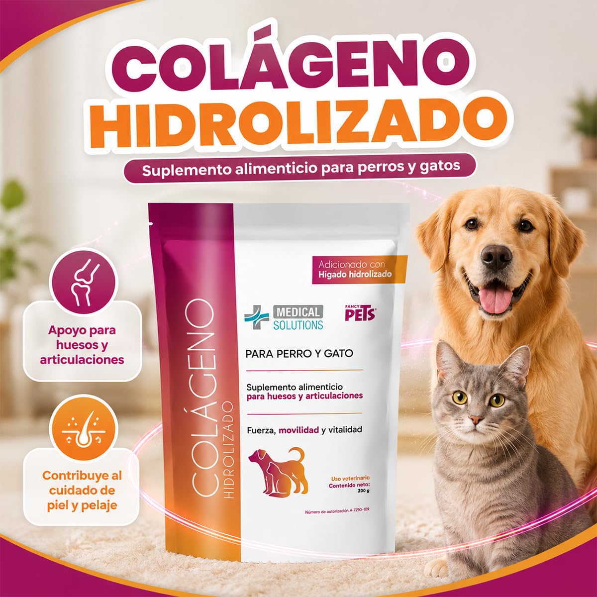 Fancy Pets Medical Solutions Colágeno Hidrolizado para Perros y Gatos - Suplemento para Articulaciones, Huesos y Piel Saludable, 200 g