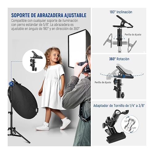 NEEWER 43"/110cm Reflector de Luz con Abrazadera y Empuñaduras, Reflector de Fotografía Plegable 5 en 1 Translúcido/Plata/Oro/Blanco/Negro con Rosca 3/8" para Iluminación Exterior, RF-110II