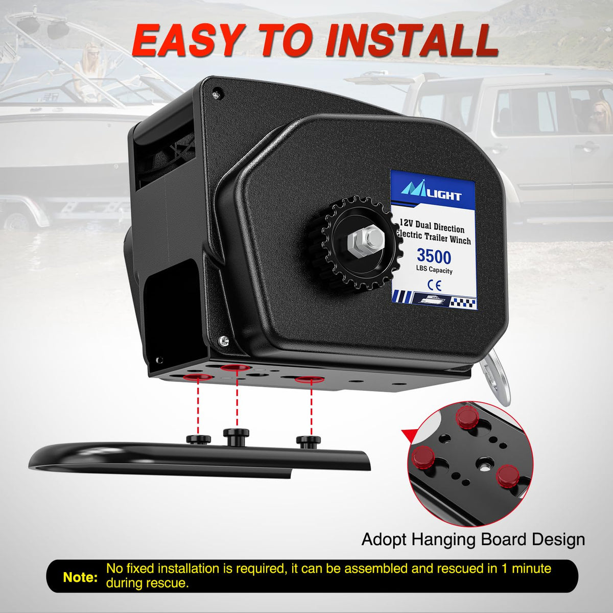 Nilight - Cabrestante eléctrico portátil de 3500 libras, cabrestante marino de 12 V DC con control remoto y manivela de mano con funcionamiento de rueda última intervensión, impermeable, reversible