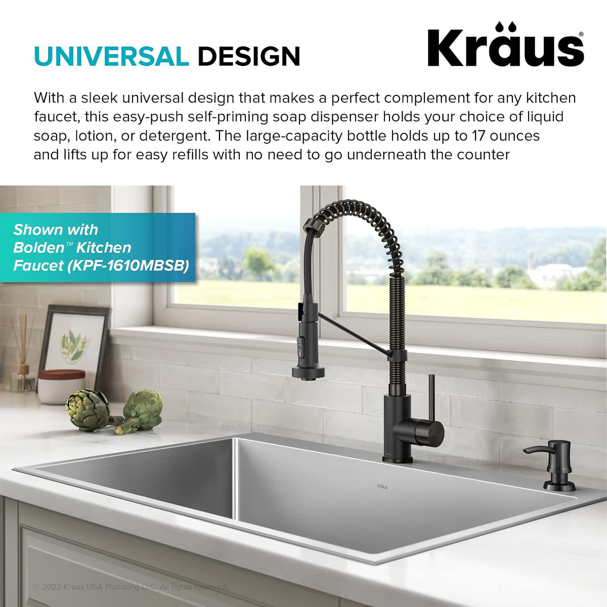 Kraus Dispensador de jabón y loción de Cocina en Acero Inoxidable Negro sin Manchas, KSD-54SFSB