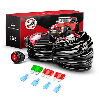 Nilight Kit de arnés de cableado de barra de luz LED – 2 cables 12 AWG resistente 12 V interruptor de encendido y apagado, fusible de hoja de relé para luz de trabajo LED todoterreno, 2 años de garantía - 12AWG-2 plomo