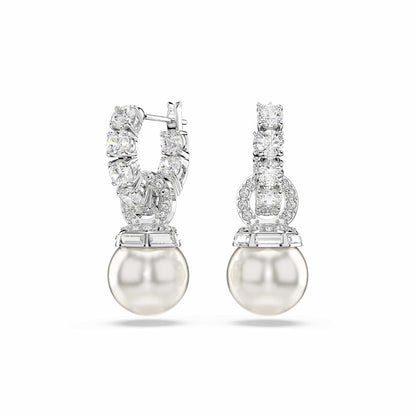 Swarovski Aretes Matrix, Perla de cristal, Talla redonda, Blancos, Baño de rodio