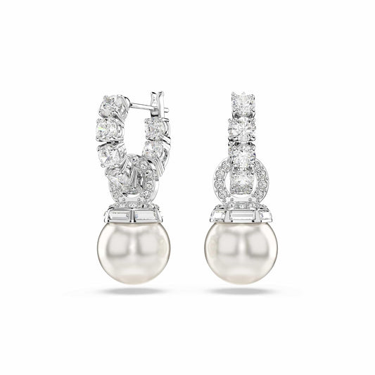 Swarovski Aretes Matrix, Perla de cristal, Talla redonda, Blancos, Baño de rodio
