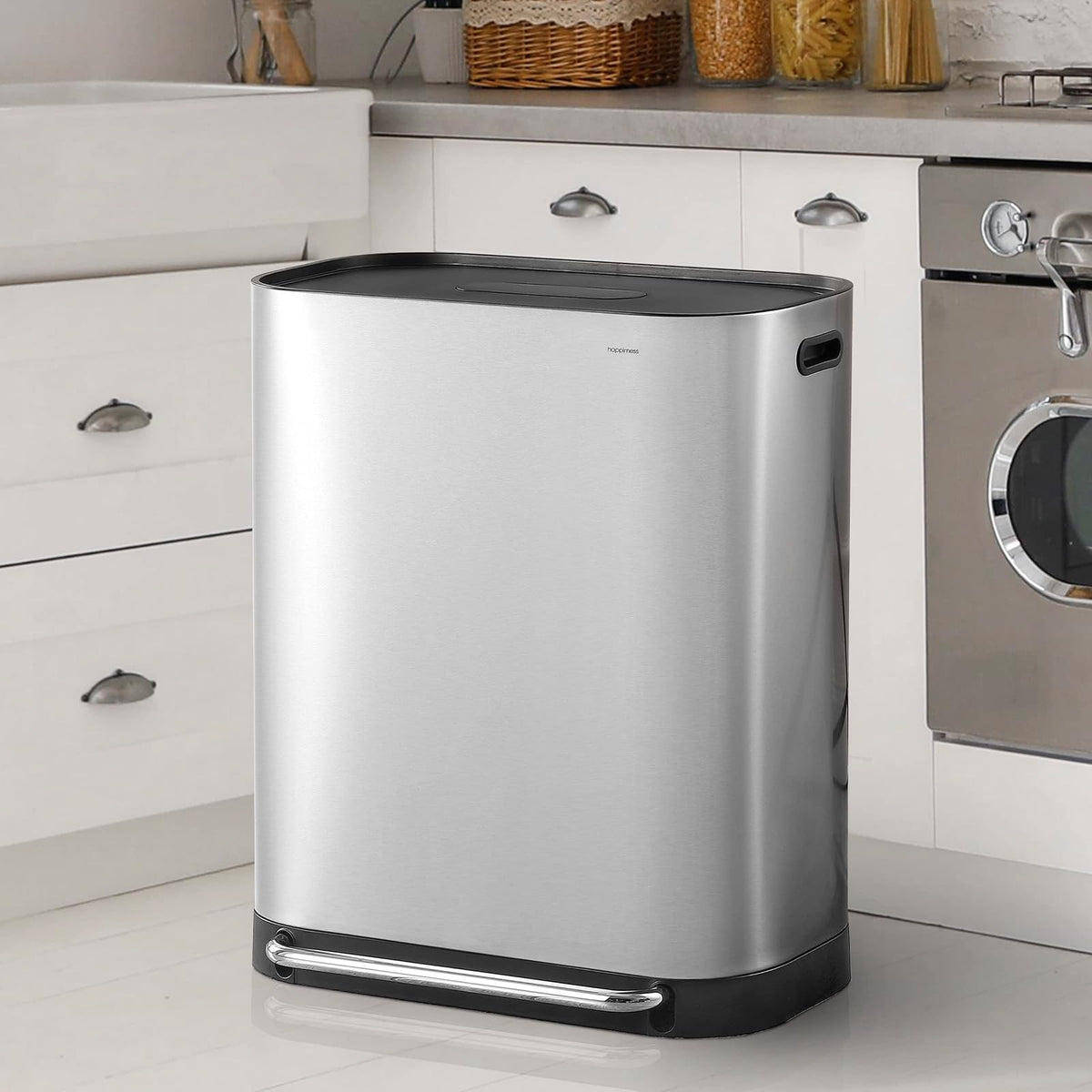 happimess HPM1014A Beni - Papelera de reciclaje de cocina de 16 galones, doble cubeta para el hogar, recámara, baño, sala de estar, habitación de invitados, oficina, cocina, cromo