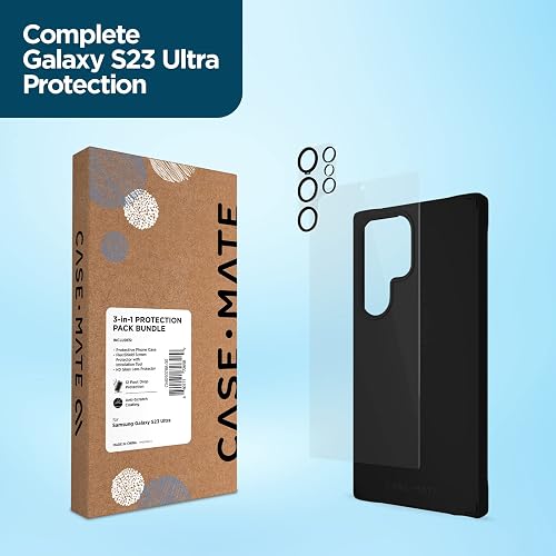 Case-Mate Samsung Galaxy S23 Ultra Case [3in1] with FlexiShield Screen Protector & Camera Lens Protector [6.8"] [12FT Drop Protection] [Wireless Charging] Tough Black Phone Case -Rugged, Anti-Scratch