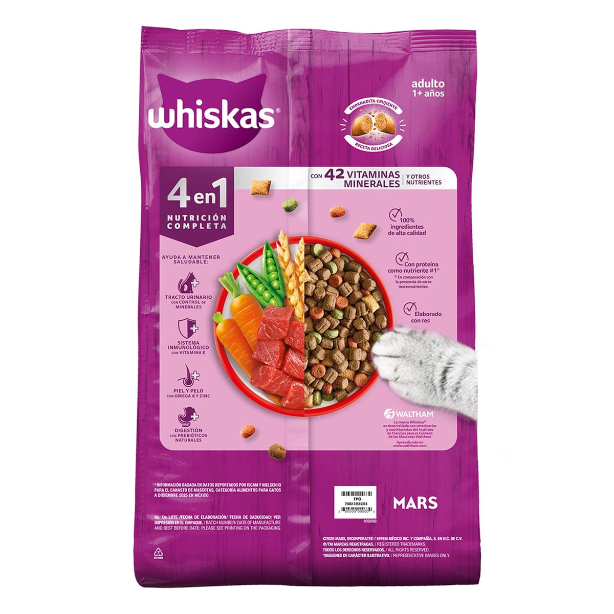 Whiskas Alimento Seco para Gatos Adultos 4 en 1, 100% Nutrición Completa y – Sabor Carne 4.5 kg