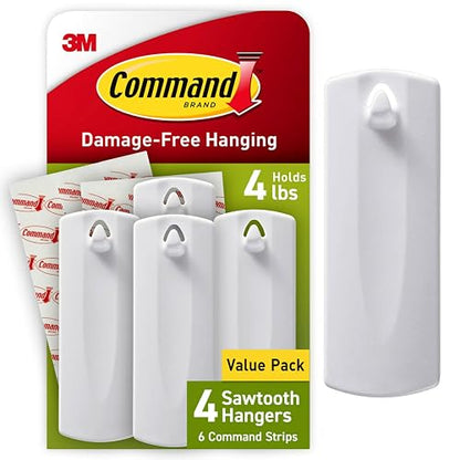 Command Sawtooth Picture Hangers, White, 4-Hangers, 8 Strips (PH040-4NA) - Easy to Open Packaging