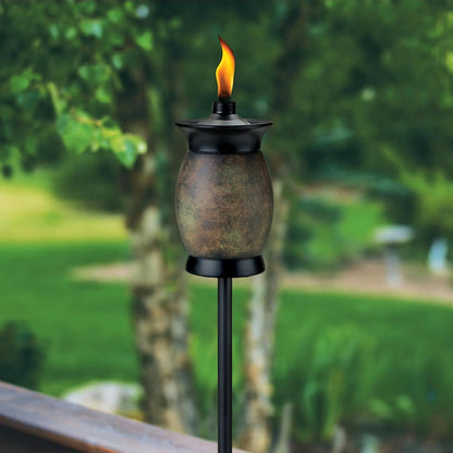 TIKI - Antorcha de Resina para tarros, diseño 4 en 1, 64 Pulgadas, Resistente a la Intemperie para Patio, jardín y césped, Color de Piedra, Incluye Mecha y Descanso de Larga duración, decoración de