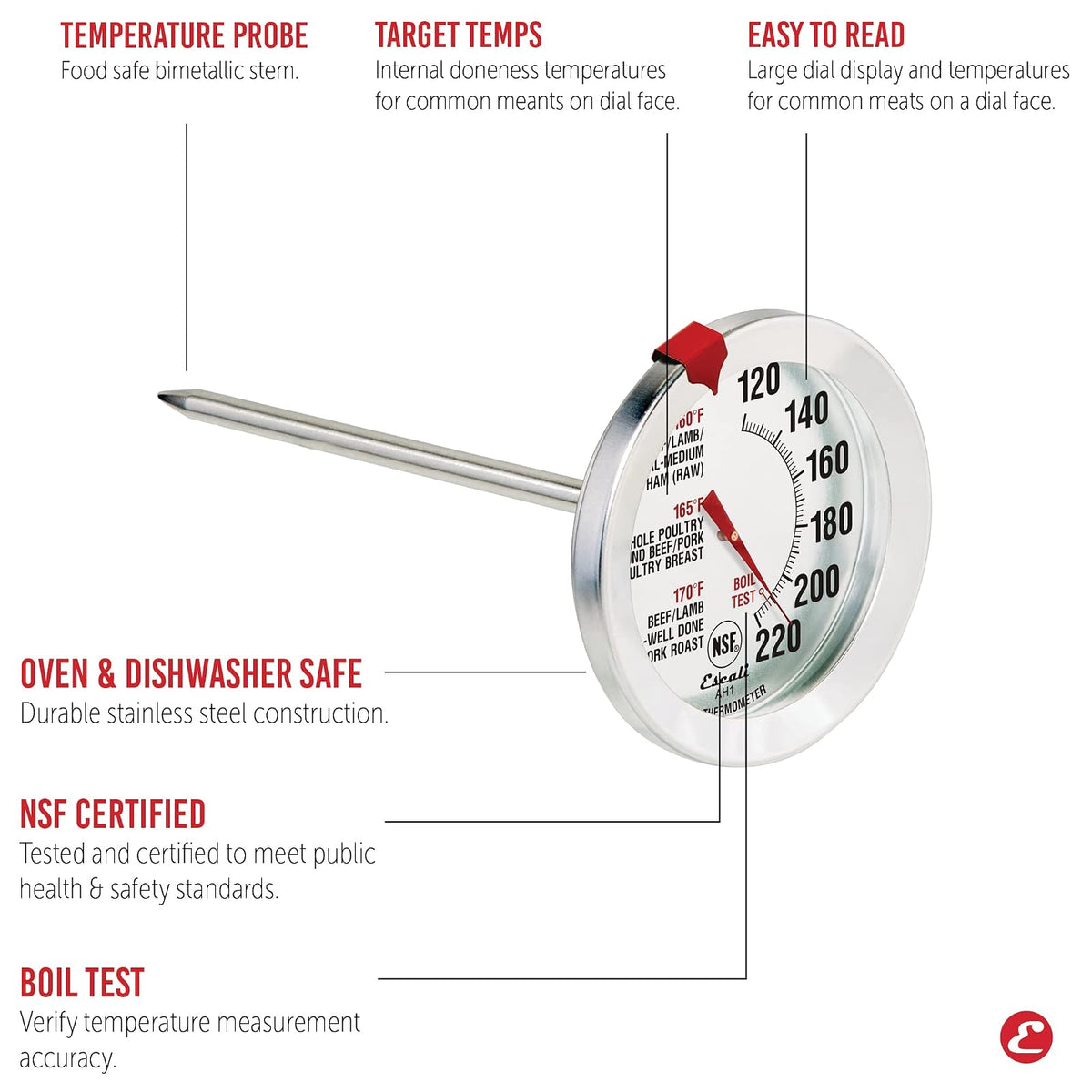 Escali AH1 Termómetro de Carne de Acero Inoxidable | Apto para horno, esfera extragrande 2.5 pulgadas, etiqueta de temperatura para carne, plata certificada NSF