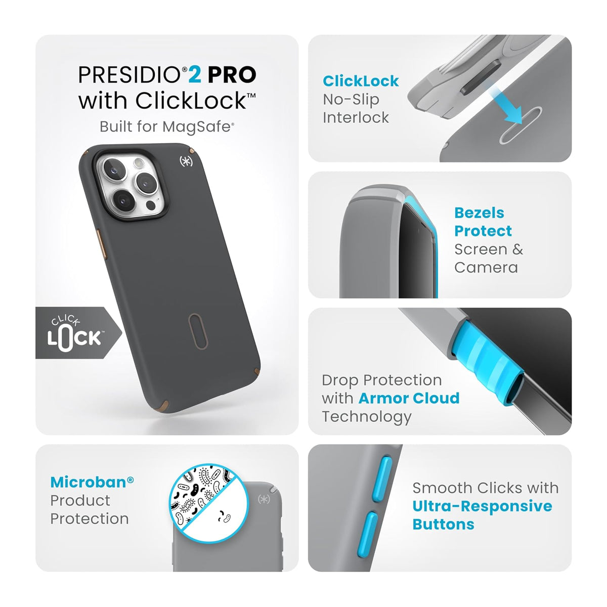 Speck Funda para iPhone 15 Pro MAX, ClickLock - Enclavamiento Antideslizante, construida para MagSafe, protección contra caídas, Resistente a los arañazos, Tacto Suave, Funda para teléfono de 6.7