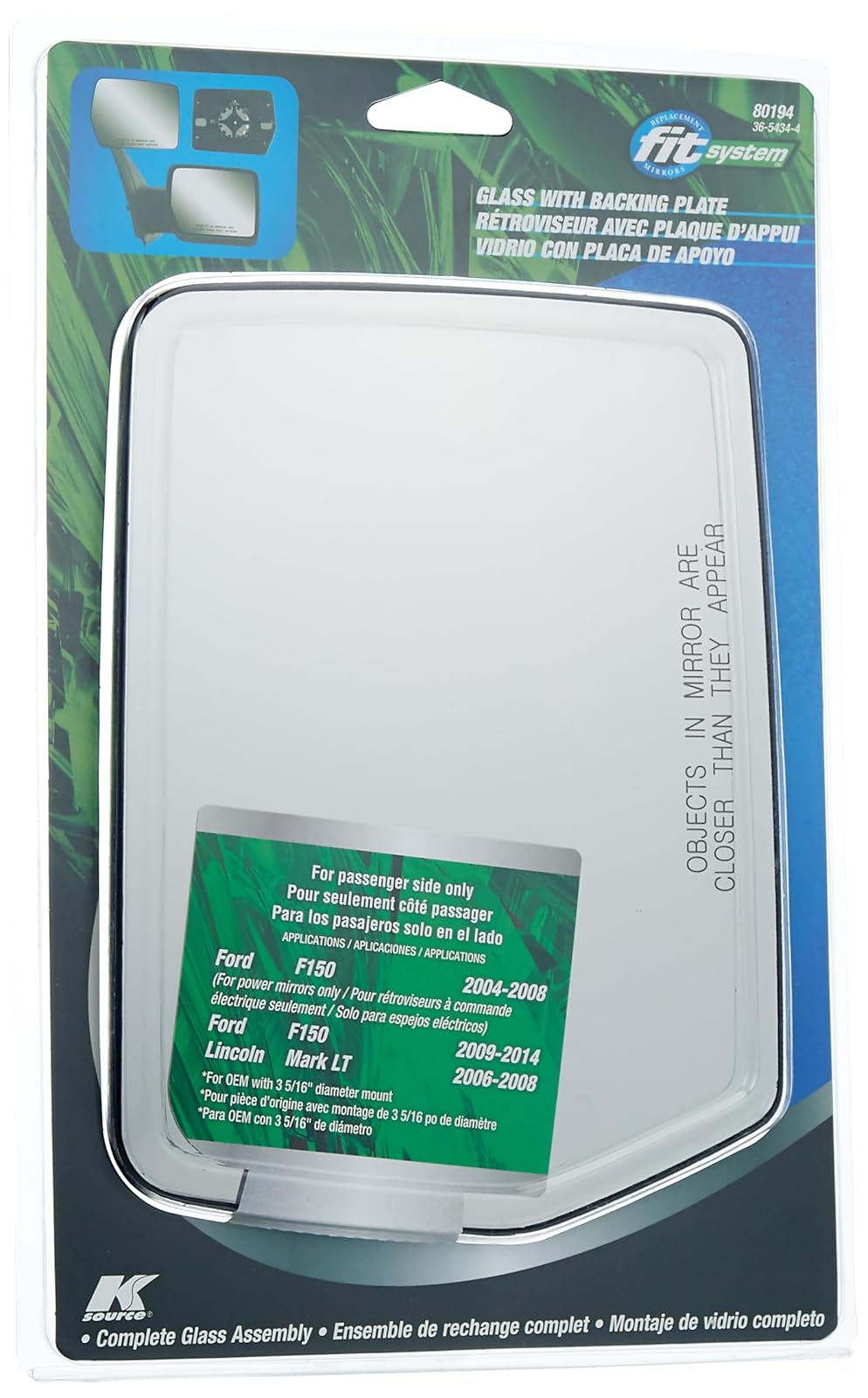 Fit System Espejo de repuesto sin calentar de vidrio con placa de refuerzo, Lado de pasajero (derecho)