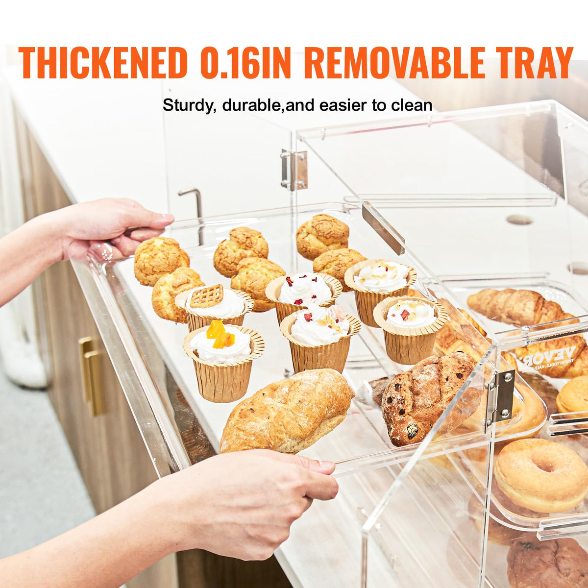 VEVOR - Vitrina de repostería, 3 niveles, vitrina comercial de panadería, caja de exhibición de acrílico con acceso a la puerta trasera y estantes extraíbles, mantiene fresco para rosquillas, galletas