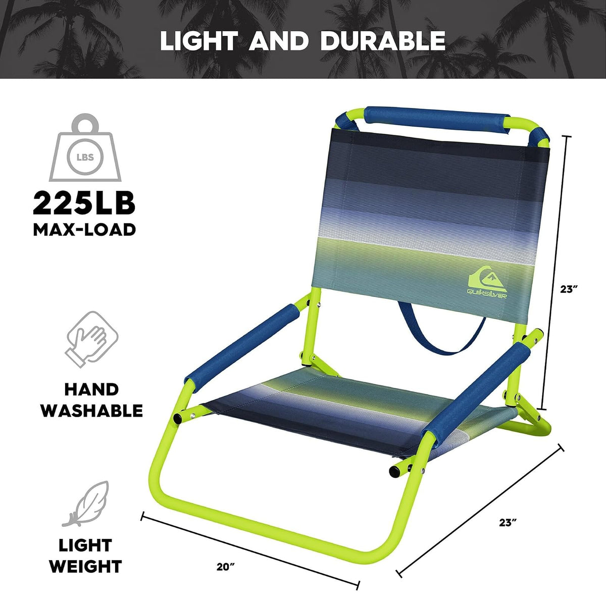 Mirabellini Quiksilver Silla de Playa Baja Plegable | Ligera, portátil, con correa de transporte, para playa, patio, camping, eventos