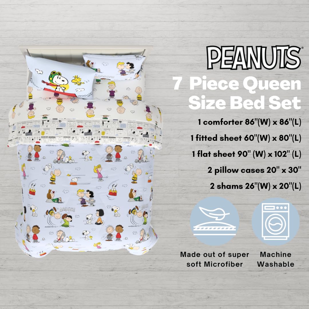 Franco - Juego de edredón de Snoopy, 7 Piezas, edredón, sábanas y Fundas de Almohada súper Suaves, Queen, Producto con Licencia 100% Oficial