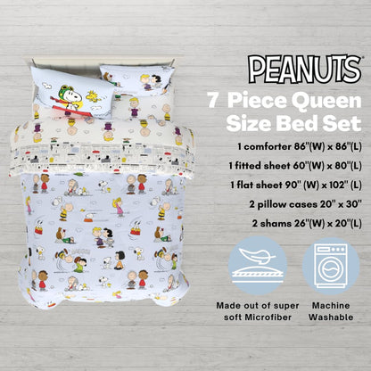Franco - Juego de edredón de Snoopy, 7 Piezas, edredón, sábanas y Fundas de Almohada súper Suaves, Queen, Producto con Licencia 100% Oficial