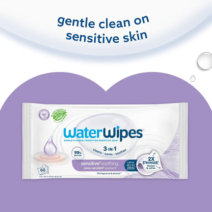 WATERWIPES, Toallitas Húmedas Soothing Clean, Calman y Limpian, 99% Agua, 6x60 Paquetes Incluidos.
